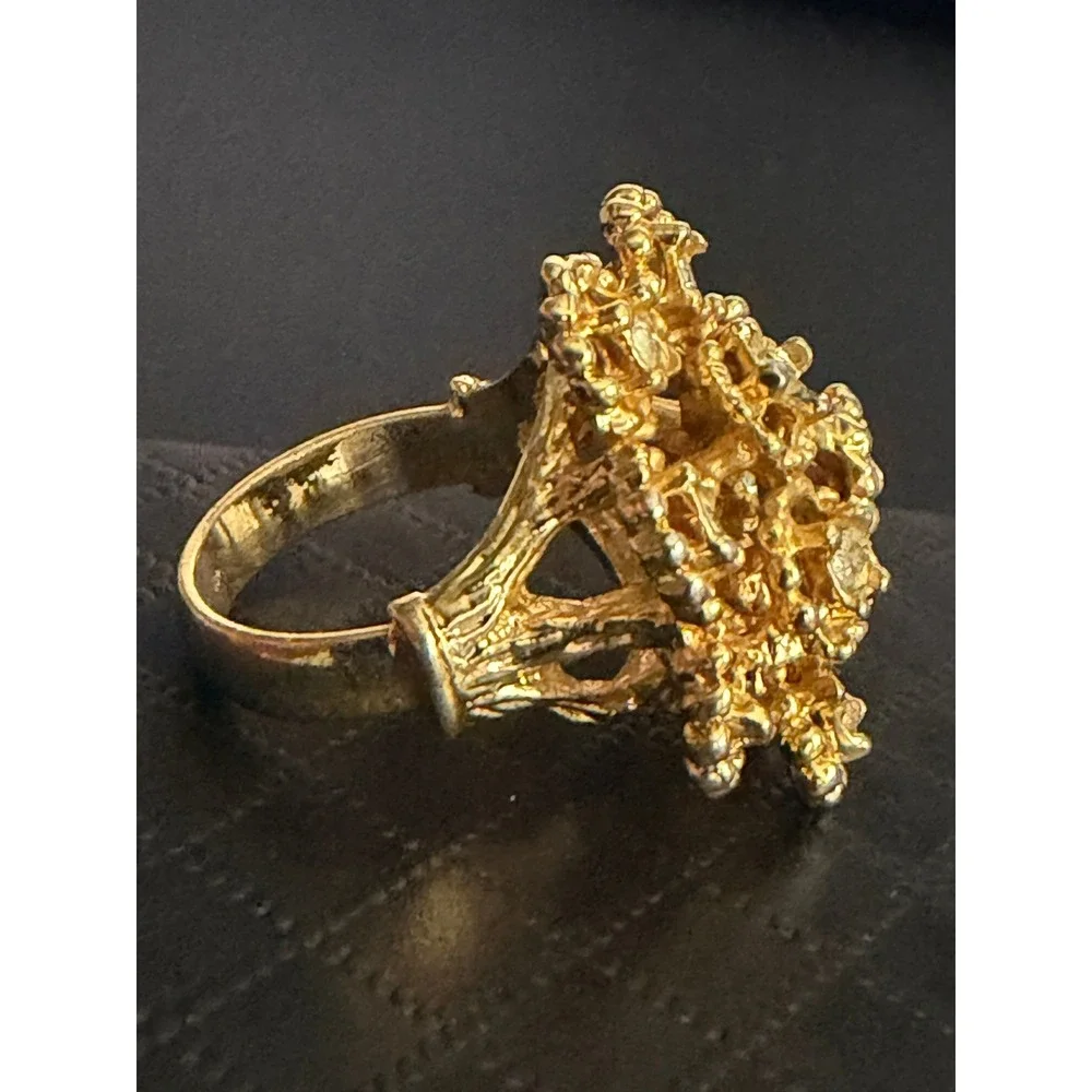 Vintage Ring Brutalist Cluster Rhinestone Gold Plated
